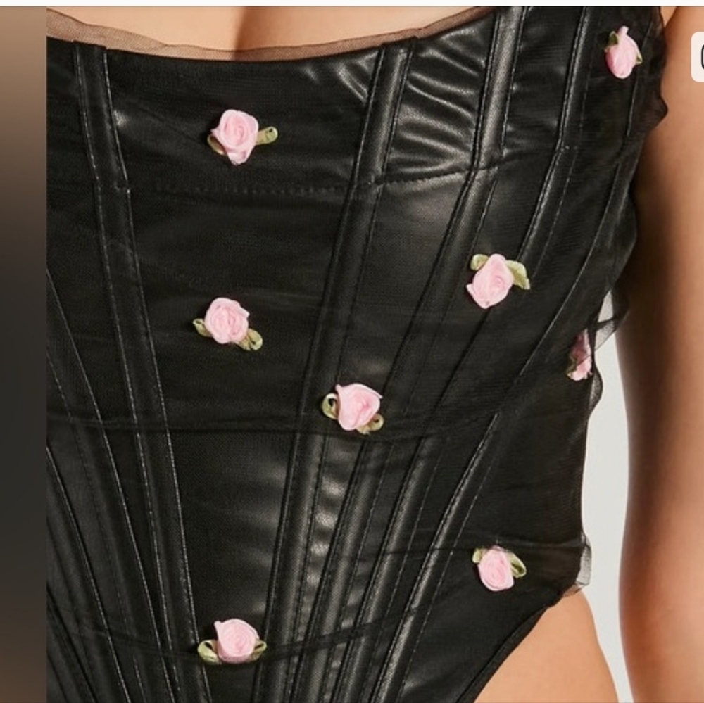 Windsor Faux Leather Black Lace Corset  with Pink Roses